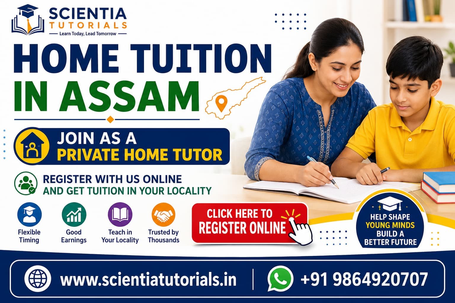 Home Tuition in Assam banner inviting qualified teachers to join as private home tutors. Register online with Scientia Tutorials to get tuition assignments in your locality across Assam.