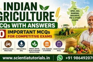 Featured image for Indian Agriculture MCQs with Answers featuring 30 important multiple-choice questions covering crops and seasons, agricultural practices, irrigation, soil, Green Revolution, White Revolution, Blue Revolution, ICAR, NABARD, and Indian agriculture for UPSC, SSC, Banking, Railways, PSC, and other competitive examinations in India.