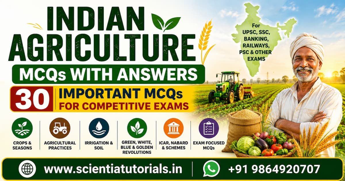 Featured image for Indian Agriculture MCQs with Answers featuring 30 important multiple-choice questions covering crops and seasons, agricultural practices, irrigation, soil, Green Revolution, White Revolution, Blue Revolution, ICAR, NABARD, and Indian agriculture for UPSC, SSC, Banking, Railways, PSC, and other competitive examinations in India.