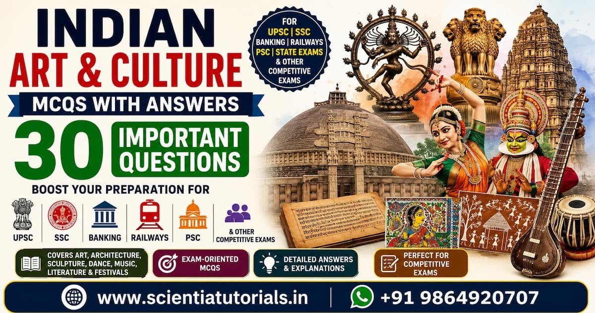 Featured image for Indian Art and Culture MCQs with Answers featuring 30 important multiple-choice questions on Indian architecture, sculpture, paintings, classical dances, music, literature, temples, UNESCO World Heritage Sites, festivals, and cultural heritage for UPSC, SSC, Banking, Railways, PSC, and other competitive examinations in India.