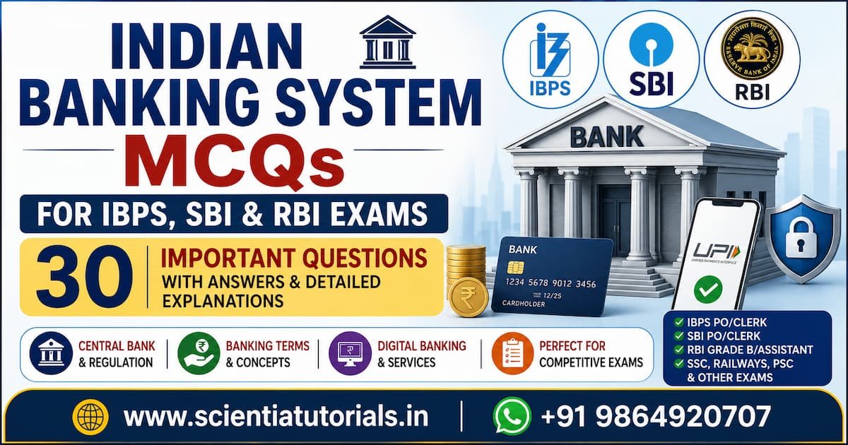 Featured image for Indian Banking System MCQs for IBPS, SBI and RBI Exams with 30 important banking awareness questions, detailed answers, RBI, SBI, IBPS, UPI, digital banking concepts, and Scientia Tutorials contact information.