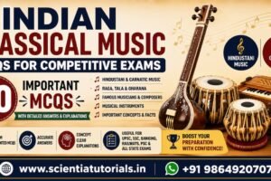 Featured image for Indian Classical Music MCQs for Competitive Exams featuring 30 important multiple-choice questions on Hindustani and Carnatic music, raga, tala, gharana, Tansen, Ravi Shankar, Bismillah Khan, Indian musical instruments, and famous musicians for UPSC, SSC, Banking, Railways, PSC, and other competitive examinations in India.