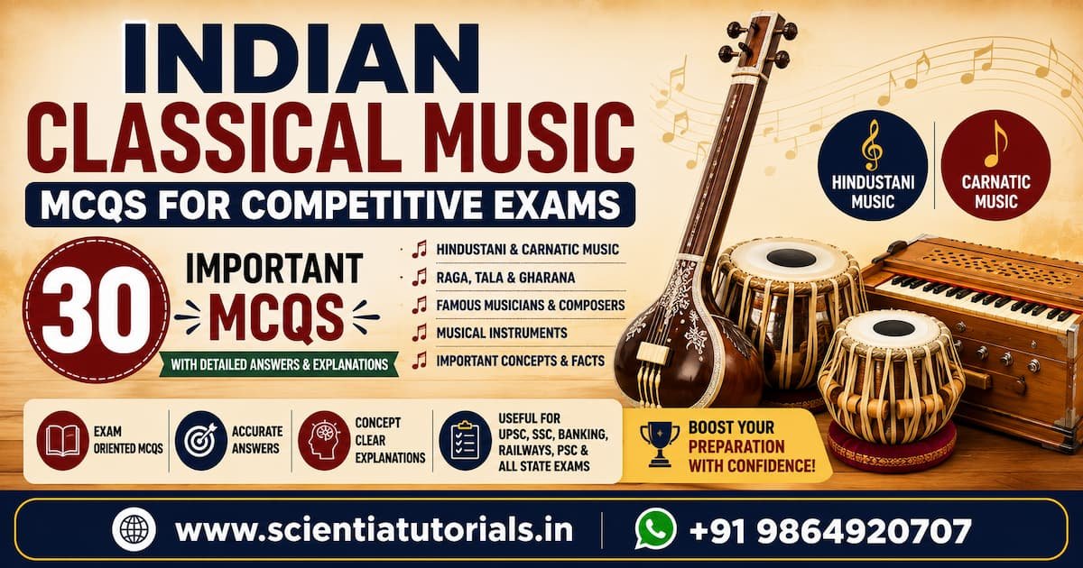 Featured image for Indian Classical Music MCQs for Competitive Exams featuring 30 important multiple-choice questions on Hindustani and Carnatic music, raga, tala, gharana, Tansen, Ravi Shankar, Bismillah Khan, Indian musical instruments, and famous musicians for UPSC, SSC, Banking, Railways, PSC, and other competitive examinations in India.