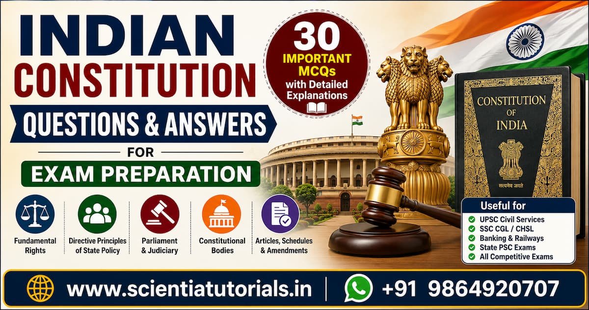 Indian Constitution questions and answers featuring the Constitution of India, Parliament, National Emblem, and judiciary for UPSC, SSC, Banking, Railways, and State PSC exam preparation.