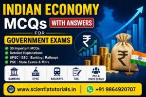 Featured image for Indian Economy MCQs with Answers for Government Exams covering 30 important objective questions with detailed explanations for UPSC, SSC, Banking, Railways, PSC, State PCS, and other competitive exams in India.