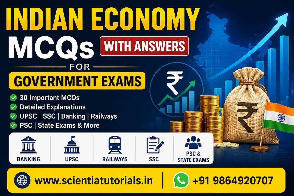 Featured image for Indian Economy MCQs with Answers for Government Exams covering 30 important objective questions with detailed explanations for UPSC, SSC, Banking, Railways, PSC, State PCS, and other competitive exams in India.