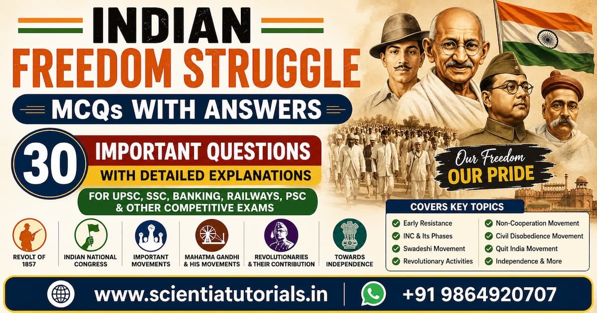 Featured image for Indian Freedom Struggle MCQs with Answers featuring 30 important multiple-choice questions on the Revolt of 1857, Indian National Congress, Mahatma Gandhi, Bhagat Singh, Subhas Chandra Bose, Swadeshi Movement, Civil Disobedience Movement, Quit India Movement, and Indian Independence for UPSC, SSC, Banking, Railways, PSC, and other competitive examinations in India.