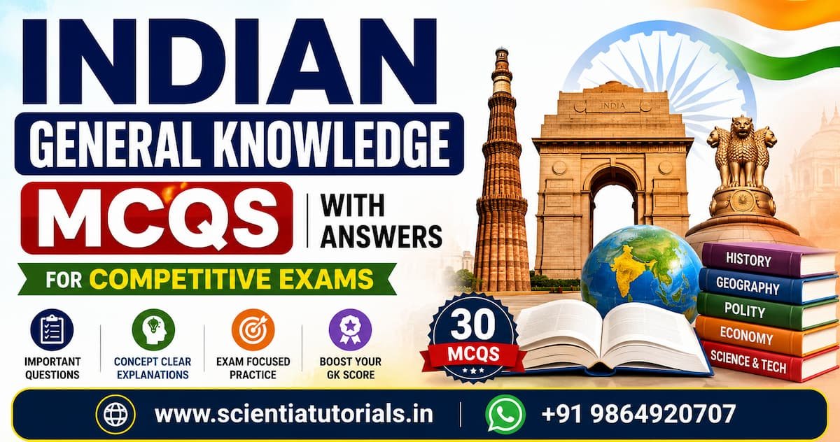 Indian General Knowledge MCQs with answers covering History, Geography, Polity, Economy, Science and Static GK for UPSC, SSC, Banking, Railways, PSC and other competitive exams in India.