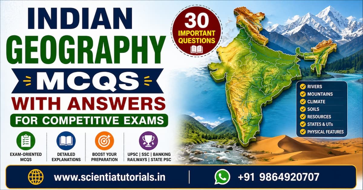 Indian Geography MCQs with answers featuring the map of India, Himalayas, rivers, deserts and physical geography for UPSC, SSC, Banking, Railways and State PSC exams.