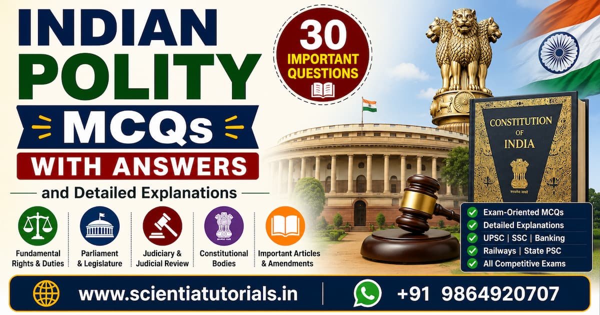 Indian Polity MCQs with answers featuring the Constitution of India, Parliament, Ashoka Pillar and judiciary for UPSC, SSC, Banking, Railways and State PSC exams.