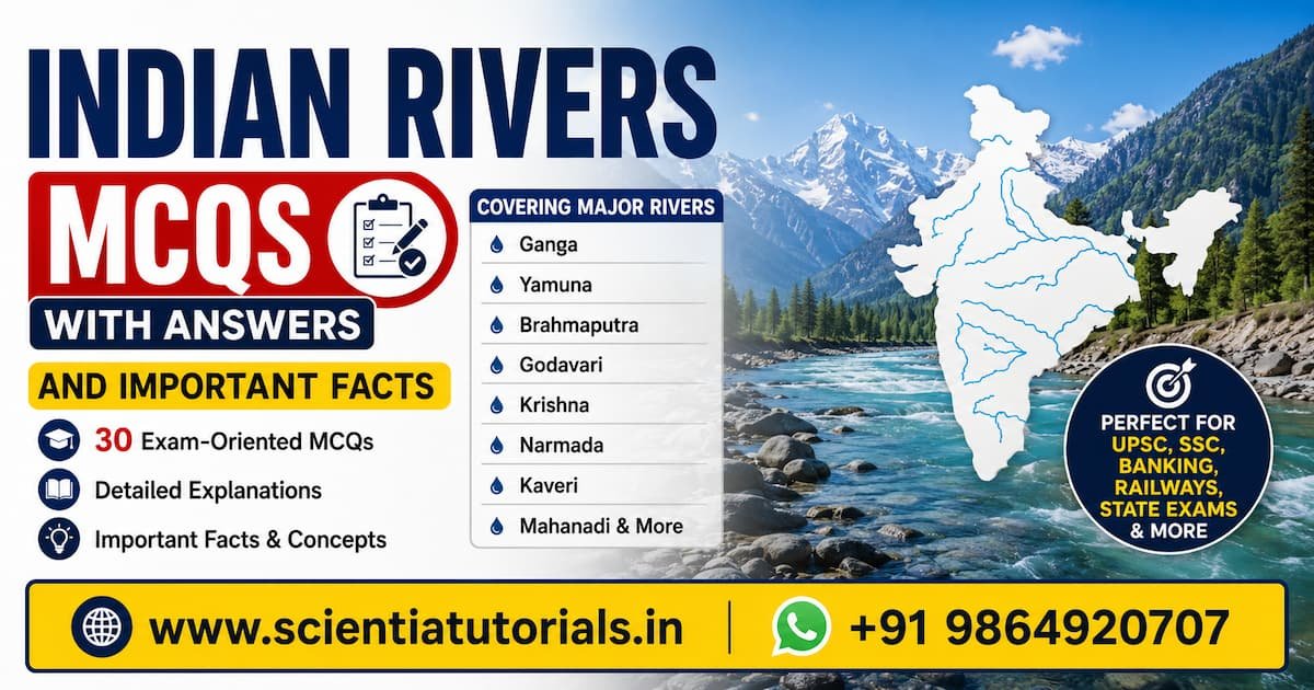 Indian Rivers MCQs with answers and important facts covering Ganga, Brahmaputra, Godavari, Krishna, Narmada, Kaveri and other major rivers for UPSC, SSC, Banking, Railways and State PSC competitive exams.