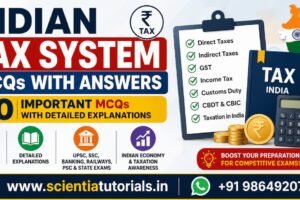 Featured image for Indian Tax System MCQs with Answers featuring 30 important multiple-choice questions with detailed explanations covering Direct Taxes, Indirect Taxes, GST, Income Tax, Customs Duty, CBDT, CBIC, and Indian taxation for UPSC, SSC, Banking, Railways, PSC, and other competitive examinations in India.