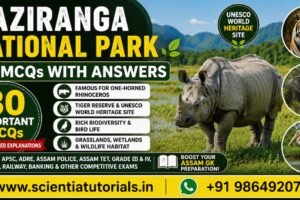 Featured image for Kaziranga National Park GK MCQs with Answers showing the One-Horned Rhinoceros, Bengal Tiger, Asian Elephant, and rich wildlife of Kaziranga National Park for APSC, ADRE, Assam Police, Assam TET, Grade III & Grade IV, SSC, Railway, Banking, and other Assam competitive examinations.