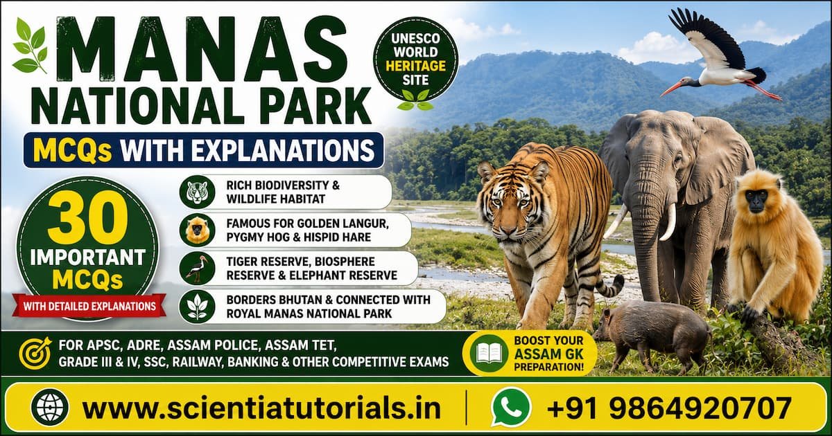 Featured image for Manas National Park MCQs with Explanations showing the Bengal Tiger, Asian Elephant, Golden Langur, Pygmy Hog, and UNESCO World Heritage Site for APSC, ADRE, Assam Police, Assam TET, Grade III & Grade IV, SSC, Railway, Banking, and other Assam competitive examinations.