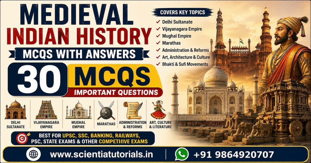Featured image for Medieval Indian History MCQs with Answers featuring 30 important multiple-choice questions on the Delhi Sultanate, Vijayanagara Empire, Mughal Empire, Marathas, Sher Shah Suri, Akbar, Shivaji, Bhakti and Sufi Movements, medieval administration, architecture, and culture for UPSC, SSC, Banking, Railways, PSC, and other competitive examinations in India.
