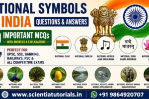 Featured image for National Symbols of India Questions and Answers featuring 30 important MCQs on the Indian National Flag, National Emblem, National Anthem, National Song, National Animal, National Bird, National Flower, National Tree, National River, and other national symbols for UPSC, SSC, Banking, Railways, PSC, and competitive examinations in India.