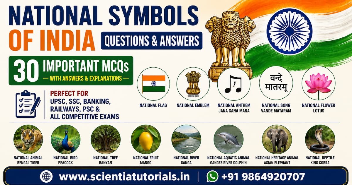 Featured image for National Symbols of India Questions and Answers featuring 30 important MCQs on the Indian National Flag, National Emblem, National Anthem, National Song, National Animal, National Bird, National Flower, National Tree, National River, and other national symbols for UPSC, SSC, Banking, Railways, PSC, and competitive examinations in India.