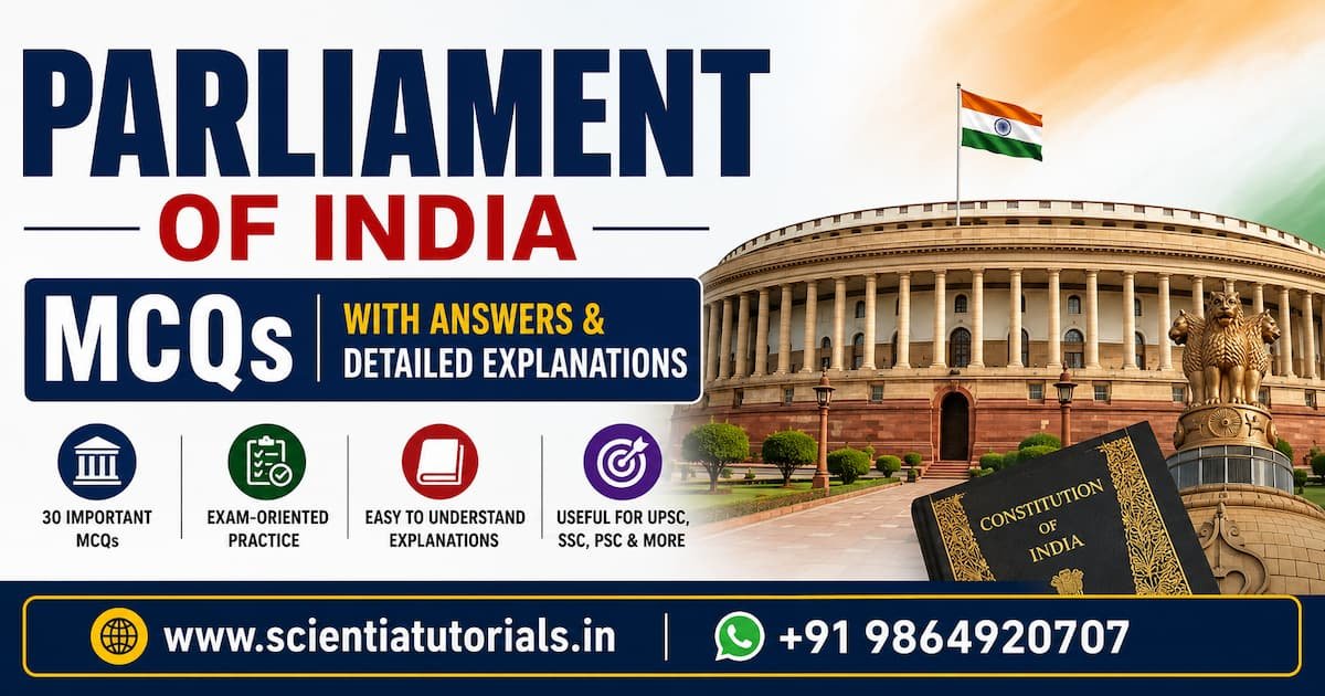 Featured image of Parliament of India MCQs with 30 questions, answers and detailed explanations for UPSC, SSC, Banking, Railways, PSC and other competitive exams in India.