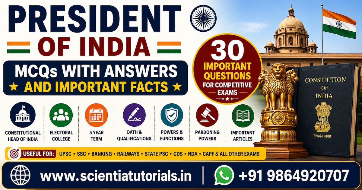 President of India MCQs with answers featuring Rashtrapati Bhavan, Constitution of India, Ashoka Pillar, and Indian National Flag for UPSC, SSC, Banking, Railways, APSC, ADRE, and State PSC exam preparation.