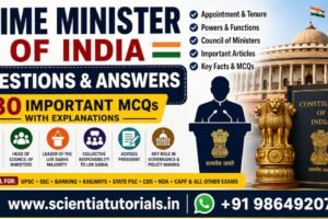 Prime Minister of India Questions and Answers featured image showing the Indian Parliament, Constitution of India, Prime Minister, Council of Ministers, important constitutional articles, and 30 MCQs for UPSC, SSC, Banking, Railways, APSC, ADRE, and State PSC exam preparation.