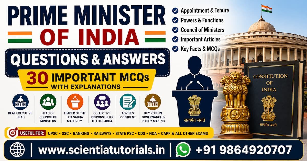 Prime Minister of India Questions and Answers featured image showing the Indian Parliament, Constitution of India, Prime Minister, Council of Ministers, important constitutional articles, and 30 MCQs for UPSC, SSC, Banking, Railways, APSC, ADRE, and State PSC exam preparation.