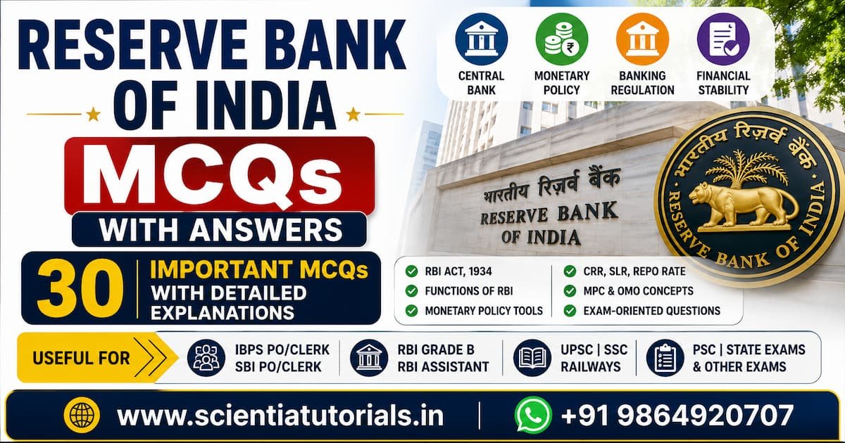 Featured image for Reserve Bank of India MCQs with Answers featuring 30 important RBI questions with detailed explanations covering RBI Act 1934, monetary policy, CRR, SLR, Repo Rate, MPC, OMO, and banking awareness for IBPS, SBI, RBI, UPSC, SSC, Railways, and PSC exams.