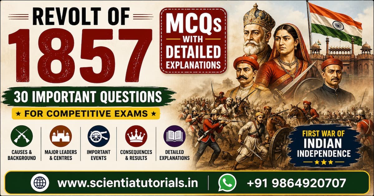 Featured image for Revolt of 1857 MCQs with Detailed Explanations featuring 30 important multiple-choice questions on the First War of Indian Independence, Mangal Pandey, Bahadur Shah Zafar, Rani Lakshmibai, Nana Sahib, Tantia Tope, Begum Hazrat Mahal, Doctrine of Lapse, causes, consequences, and major events for UPSC, SSC, Banking, Railways, PSC, and other competitive examinations in India.