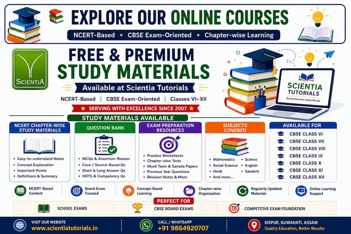 Free & Premium NCERT-Based Online Study Materials for CBSE Classes VI–XII | Scientia Tutorials Scientia Tutorials offering free and premium NCERT-based online study materials, chapter-wise notes, MCQs, question banks, worksheets, mock tests, and CBSE exam preparation resources for Classes 6 to 12 in Guwahati, Assam.