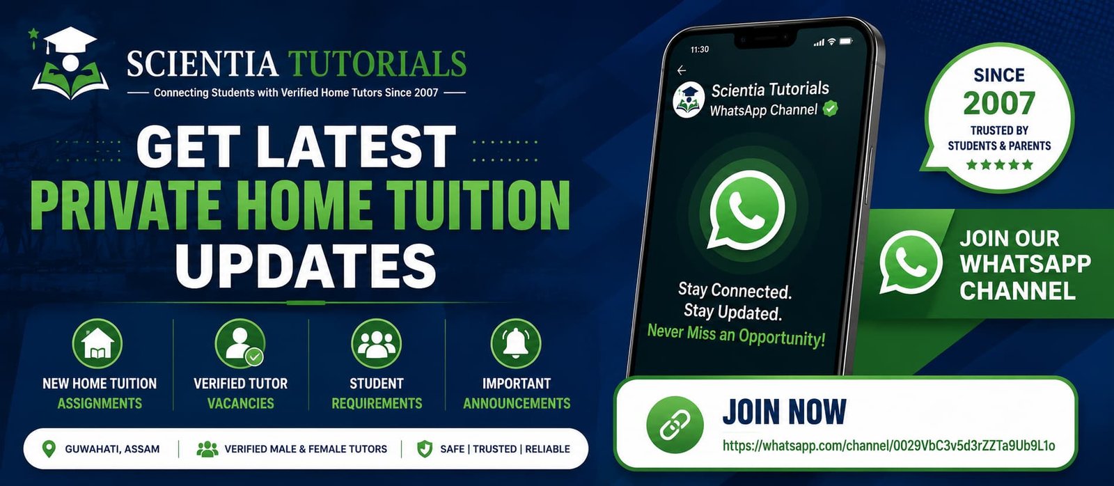 Homepage banner of Scientia Tutorials inviting students, parents, and home tutors to get the latest private home tuition updates, verified tutor vacancies, student requirements, and join the official WhatsApp Channel in Guwahati, Assam.