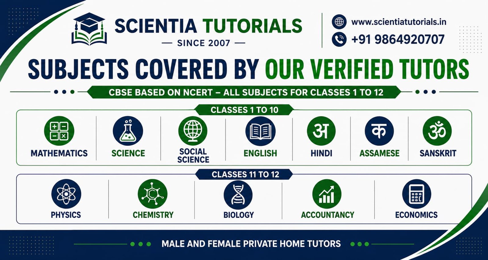 Scientia Tutorials Guwahati offering verified male and female home tutors for Classes 1 to 12 covering Mathematics, Science, Social Science, English, Hindi, Assamese, Sanskrit, Physics, Chemistry, Biology, Accountancy and Economics based on the CBSE NCERT curriculum.