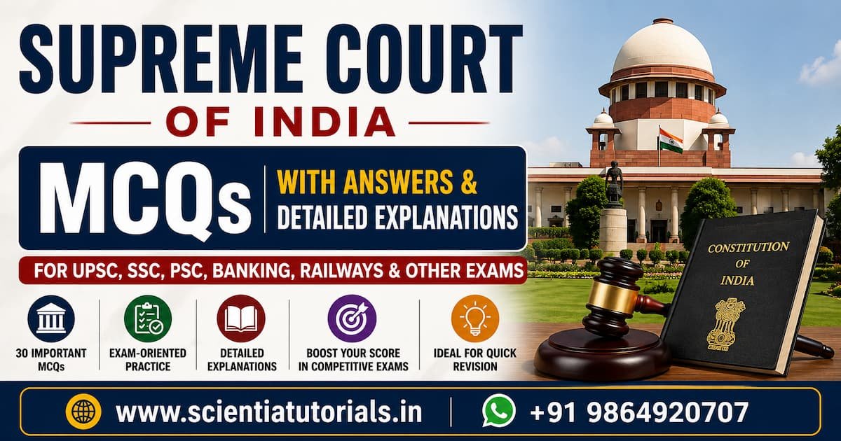 Featured image of Supreme Court of India MCQs with 30 questions, answers and detailed explanations for UPSC, SSC, Banking, Railways, PSC and other competitive exams.