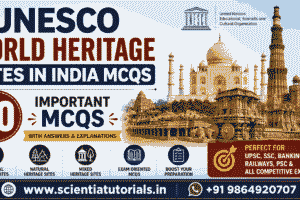 Featured image for UNESCO World Heritage Sites in India MCQs featuring 30 important multiple-choice questions on the Taj Mahal, Qutub Minar, Hampi, Konark Sun Temple, Ajanta and Ellora Caves, Kaziranga National Park, UNESCO Cultural, Natural and Mixed Heritage Sites for UPSC, SSC, Banking, Railways, PSC, and other competitive examinations in India.