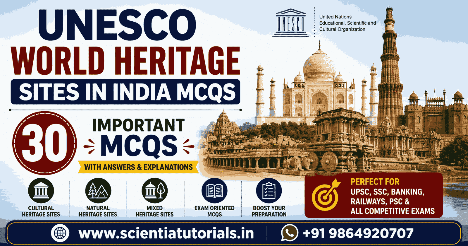 Featured image for UNESCO World Heritage Sites in India MCQs featuring 30 important multiple-choice questions on the Taj Mahal, Qutub Minar, Hampi, Konark Sun Temple, Ajanta and Ellora Caves, Kaziranga National Park, UNESCO Cultural, Natural and Mixed Heritage Sites for UPSC, SSC, Banking, Railways, PSC, and other competitive examinations in India.