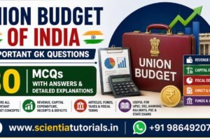 Featured image for Union Budget of India Important GK Questions showcasing 30 multiple-choice questions with answers and detailed explanations covering Union Budget, Revenue Receipts, Capital Expenditure, Fiscal Deficit, Direct and Indirect Taxes, and Budget concepts for UPSC, SSC, Banking, Railways, PSC, and other competitive examinations in India.