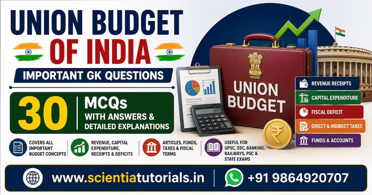 Featured image for Union Budget of India Important GK Questions showcasing 30 multiple-choice questions with answers and detailed explanations covering Union Budget, Revenue Receipts, Capital Expenditure, Fiscal Deficit, Direct and Indirect Taxes, and Budget concepts for UPSC, SSC, Banking, Railways, PSC, and other competitive examinations in India.