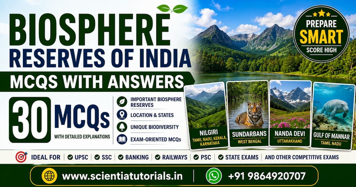 Biosphere Reserves of India MCQs with answers featuring 30 multiple-choice questions and detailed explanations for UPSC, SSC, Banking, Railways, PSC, Defence and other competitive exams in India.