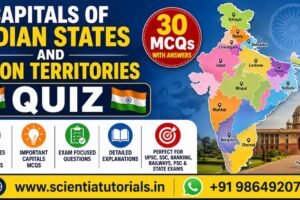 Featured image for Capitals of Indian States and Union Territories Quiz with 30 MCQs, answers and detailed explanations for UPSC, SSC, Banking, Railways, PSC and other competitive exams in India.