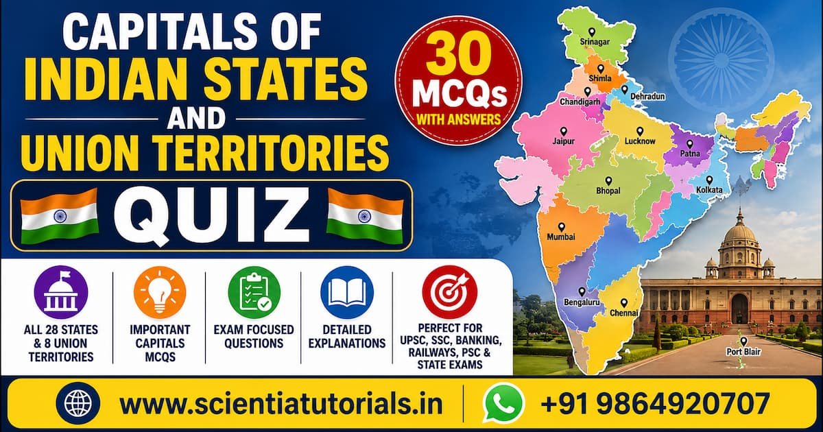 Featured image for Capitals of Indian States and Union Territories Quiz with 30 MCQs, answers and detailed explanations for UPSC, SSC, Banking, Railways, PSC and other competitive exams in India.