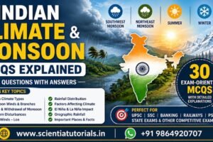 Indian Climate and Monsoon MCQs Explained featuring 30 multiple-choice questions with detailed explanations for UPSC, SSC, Banking, Railways, PSC, Defence and other competitive exams in India.