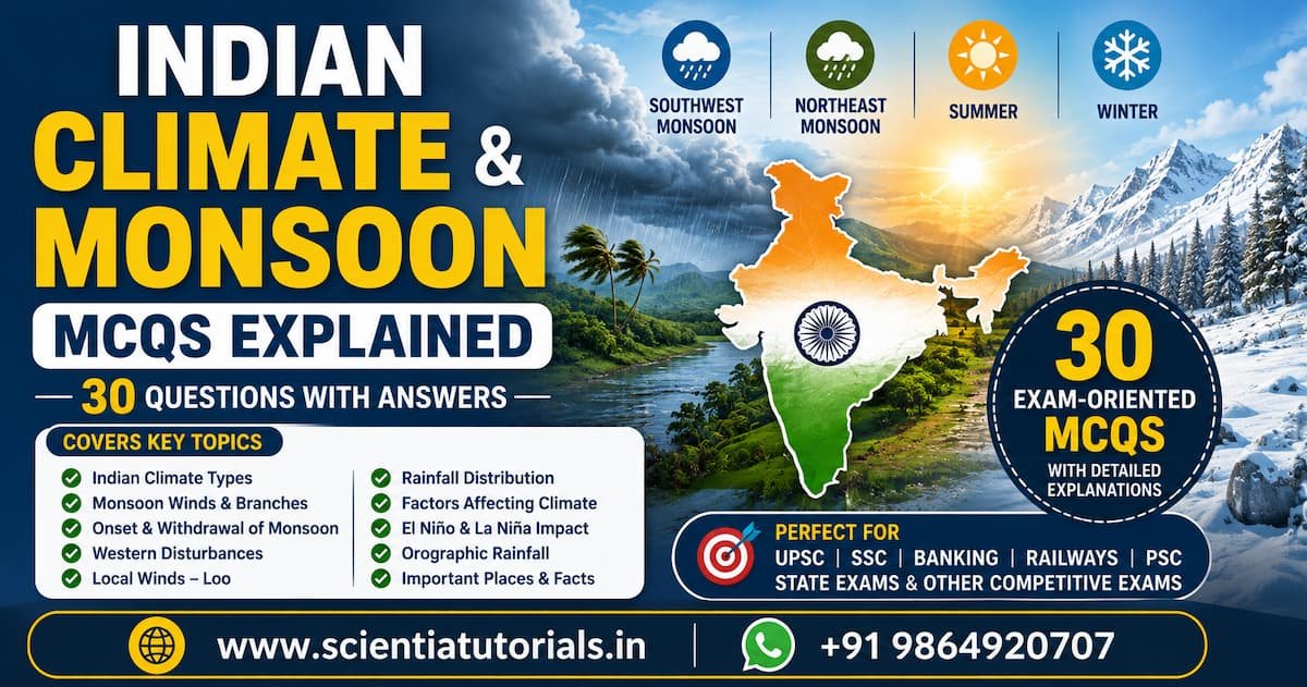 Indian Climate and Monsoon MCQs Explained featuring 30 multiple-choice questions with detailed explanations for UPSC, SSC, Banking, Railways, PSC, Defence and other competitive exams in India.
