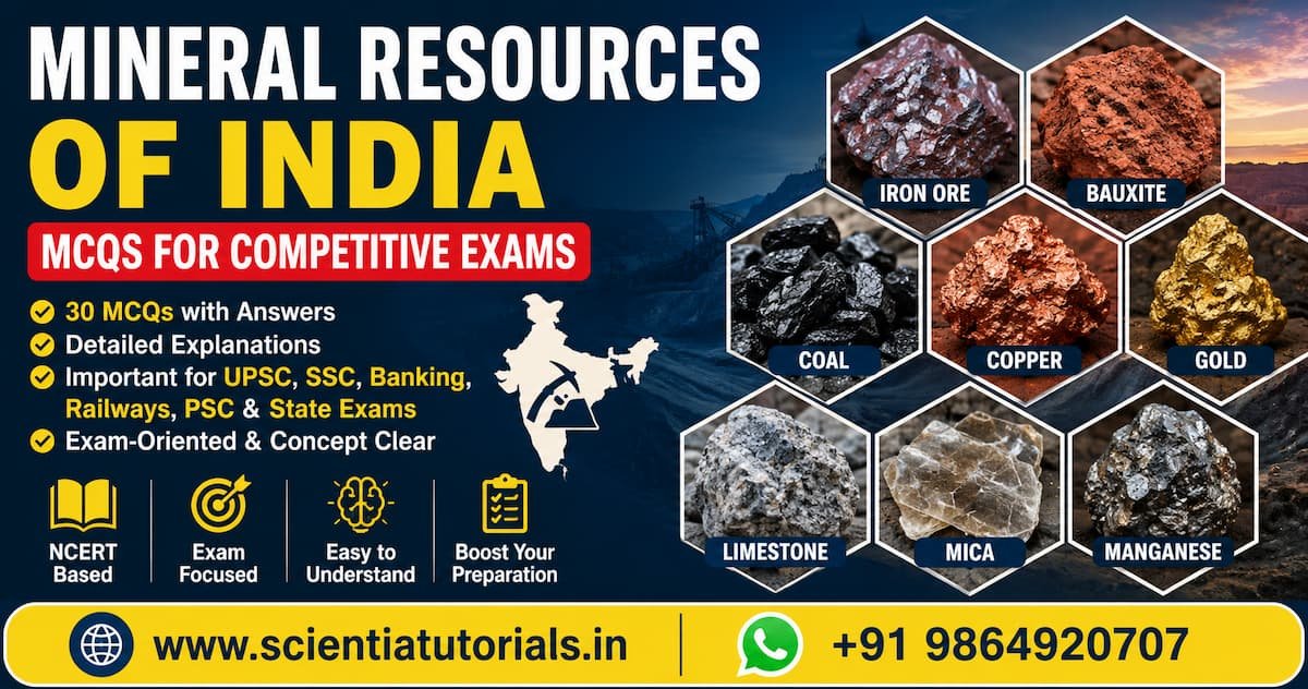 Featured image for Mineral Resources of India MCQs with answers and detailed explanations for UPSC, SSC, Banking, Railways, PSC and other competitive exams in India.