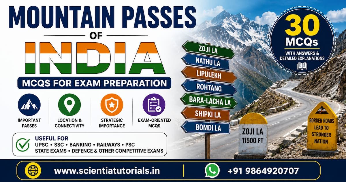 Mountain Passes of India MCQs for exam preparation featuring 30 questions with answers and detailed explanations for UPSC, SSC, Banking, Railways, PSC and other competitive exams in India.