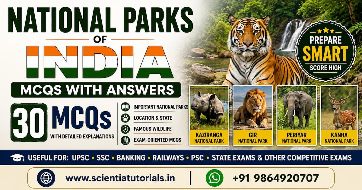 National Parks of India MCQs with answers featuring 30 multiple-choice questions and detailed explanations for UPSC, SSC, Banking, Railways, PSC and other competitive exams in India.