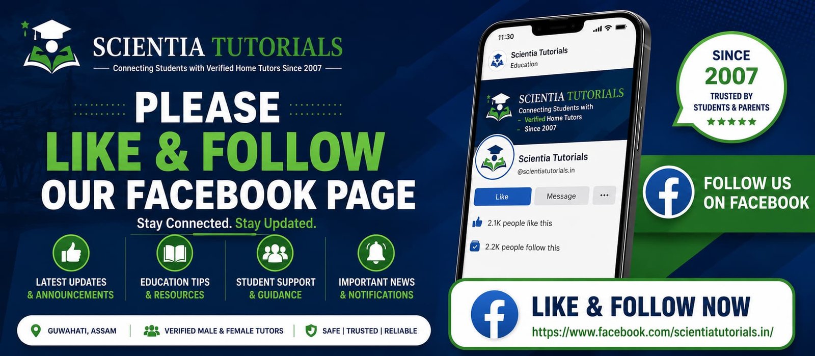 Promotional banner requesting users to Like and Follow the Scientia Tutorials Facebook Page for home tuition updates, verified tutors, student announcements, and educational resources in Guwahati, Assam.