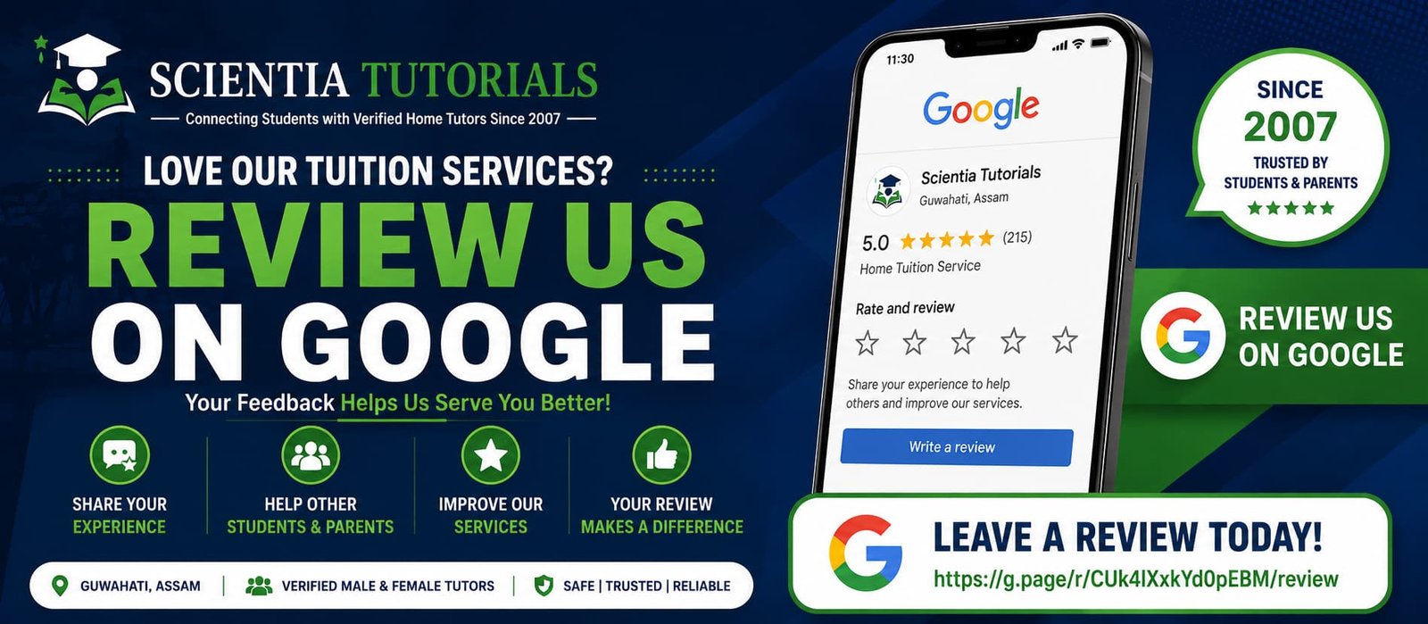 Promotional banner requesting students, parents, and tutors to leave a Google Review for Scientia Tutorials, a trusted home tuition service in Guwahati, Assam, serving families since 2007.