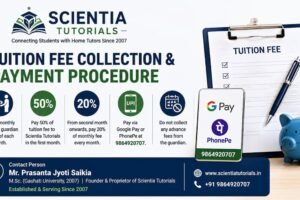Infographic explaining Scientia Tutorials' tuition fee collection and payment procedure for home tutors, including first-month 50% fee, monthly 20% service charge, and Google Pay or PhonePe payment details.