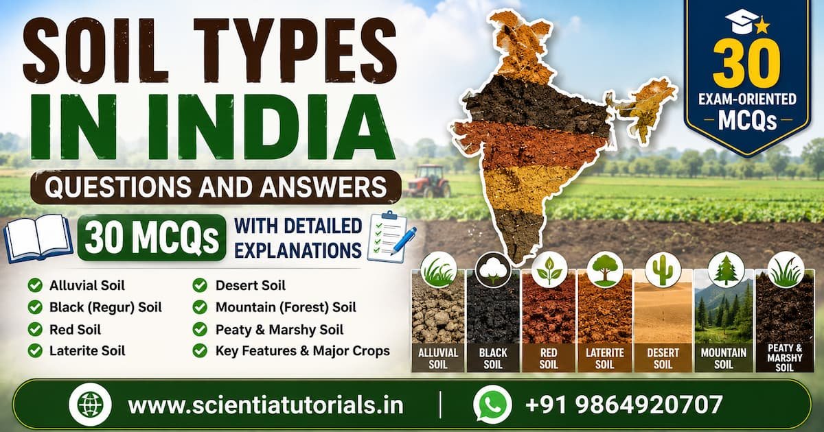 Soil Types in India Questions and Answers featuring 30 MCQs with detailed explanations on Alluvial, Black, Red, Laterite, Desert, Mountain, and Peaty soils for UPSC, SSC, Banking, Railways, PSC, Defence, and other competitive exams in India.