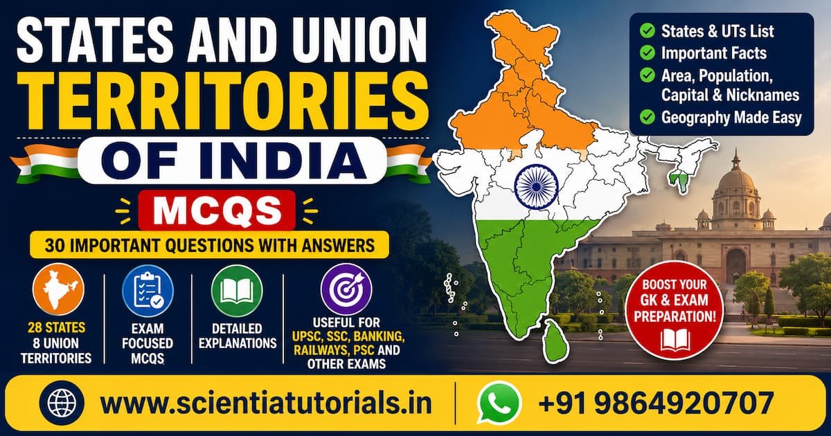 Featured image for States and Union Territories of India MCQs with answers and detailed explanations for UPSC, SSC, Banking, Railways, PSC and other competitive exams in India.