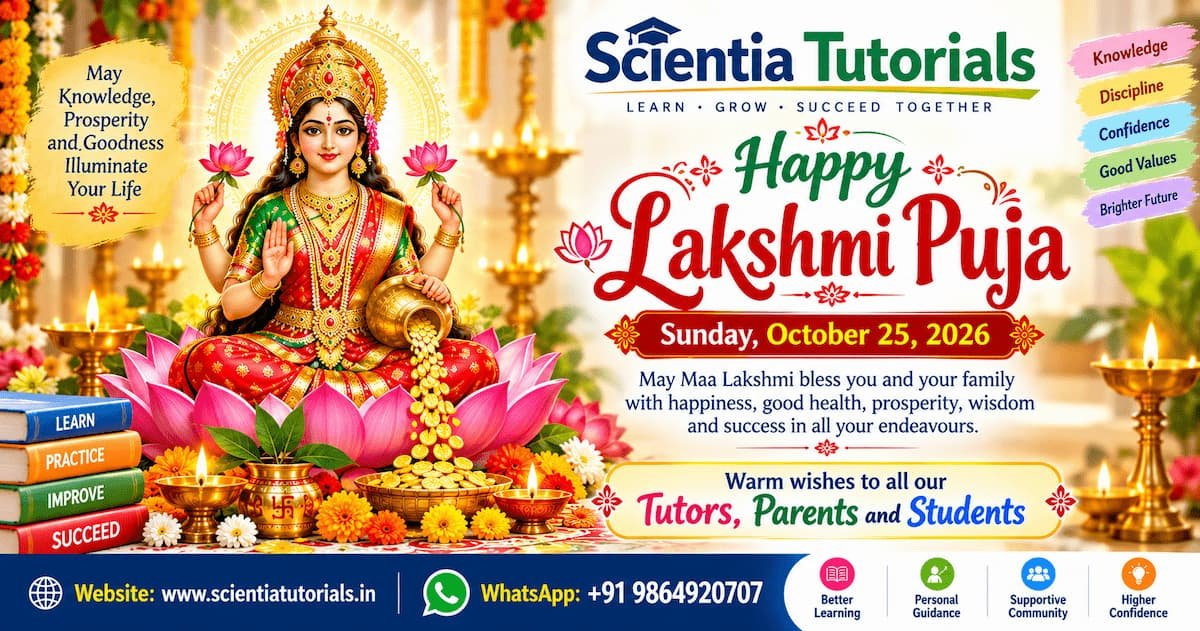 Happy Lakshmi Puja 2026 greeting from Scientia Tutorials for tutors, parents and students in Guwahati, Assam.